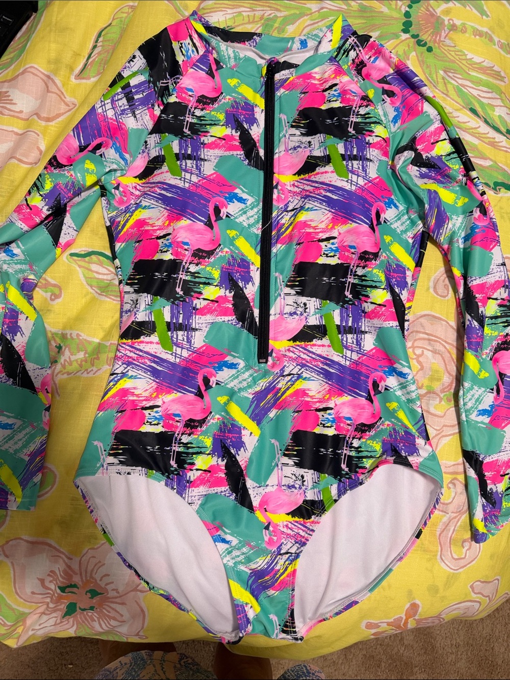 Long-Sleeve Flamingo Print One-Piece Swimsuit - Pink & Teal